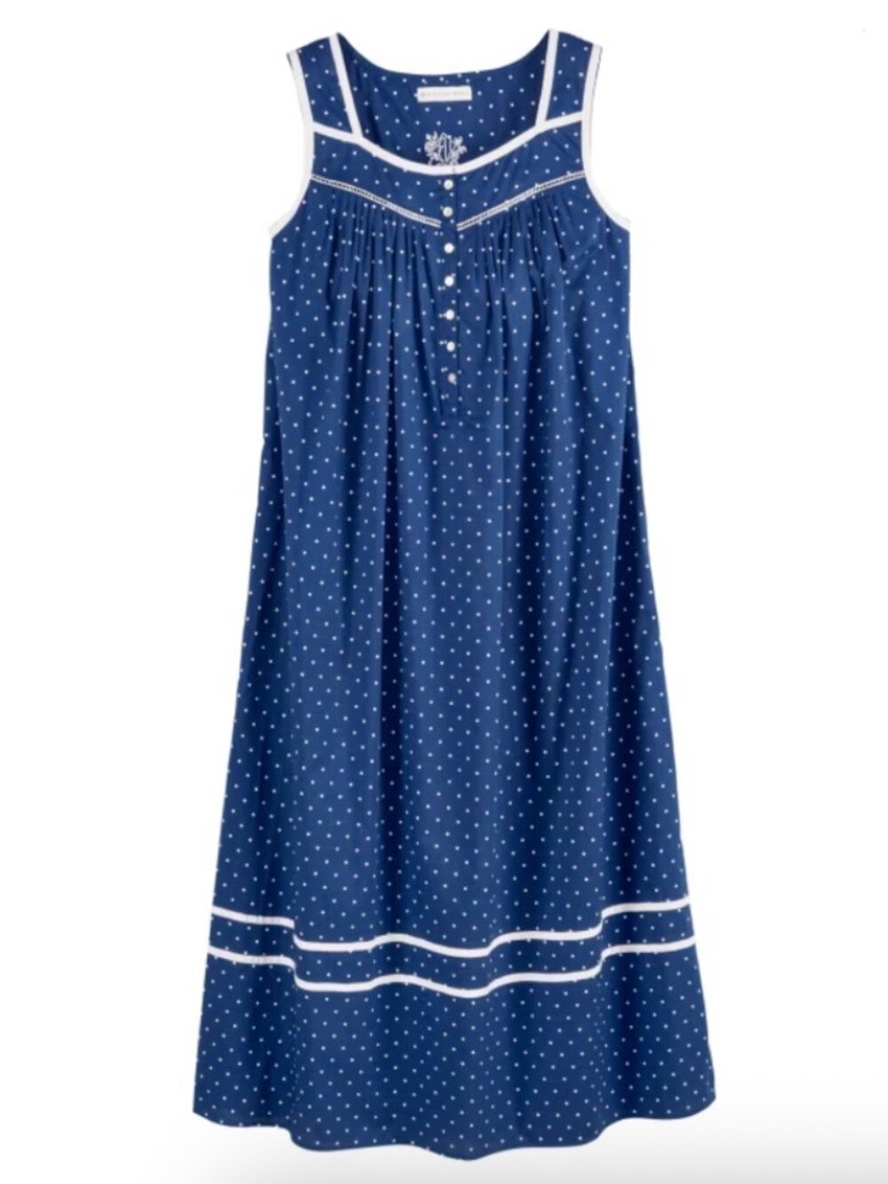 Eileen West Nautical Blue Polka Dot Cotton Nightgown Sz M EUC Cottagecore Ruffle